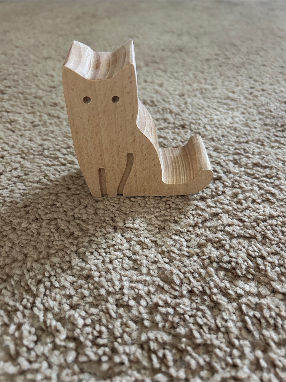 Handcrafted Wooden Cat Phone Stand - Natural Wood